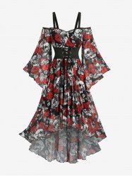 Robe à épaules dénudées, manches évasées, lacée avec œillets, ourlet asymétrique, imprimé crânes et roses - Rouge XXL
