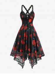 Robe décontractée à imprimé floral, bretelles entrecroisées et laçage, ourlet mouchoir - Rouge Vineux S