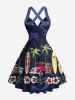 Coconut Tree Hibiscus Flower Car Print Hawaii Halter Crisscross Strappy A Line Dress - Bleu de Minuit XXXL