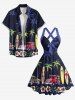 Coconut Tree Hibiscus Flower Car Print Hawaii Halter Crisscross Strappy A Line Dress - Bleu de Minuit XXXL