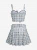 Plus Size Plaid Cinched Bowknot Padded Longline Bikini Three Piece Swimsuit -  