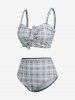 Plus Size Plaid Cinched Bowknot Padded Longline Bikini Three Piece Swimsuit -  