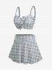 Plus Size Plaid Cinched Bowknot Padded Longline Bikini Three Piece Swimsuit -  