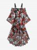 Robe à épaules dénudées, manches évasées, lacée avec œillets, ourlet asymétrique, imprimé crânes et roses - Rouge XXL