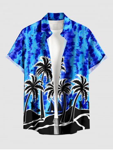 Plus Size Coconut Tree Sailboat Tie Dye Print Buttons Pocket Hawaii Shirt For Men - BLUE - 2XL