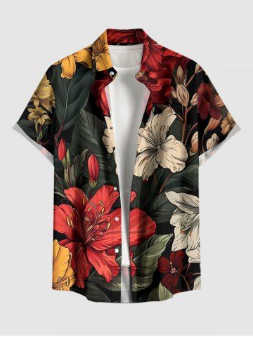 Tropical Leaf Hibiscus Flower Print Hawaii Button Pocket Shirt For Men - ARMY GREEN - 6XL