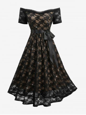 Robe trapèze grande taille à superposition de dentelle fleurie et paillettes, avec ceinture et bretelles amovibles