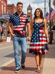 Patriotic American Flag Paint Splatter Print  Matching Outfit For Couples -  