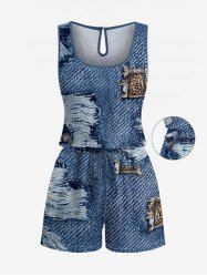 Leopard Fraying Style 3D Print Cinched Hawaii Romper - Bleu Toile de Jean 5X