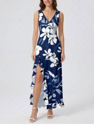 Flowers Leaf Print Hawaii Ruffles Split Surplice Dress -  