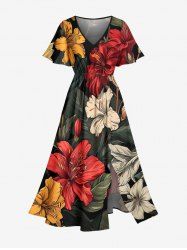 Tropical Leaf Hibiscus Flower Print Hawaii Split Pocket A Line Midi Dress -  