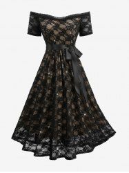 Robe trapèze grande taille à superposition de dentelle fleurie et paillettes, avec ceinture et bretelles amovibles - Noir 4X | US 26-28