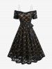 Robe trapèze grande taille à superposition de dentelle fleurie et paillettes, avec ceinture et bretelles amovibles - Noir 4X | US 26-28