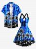Coconut Tree Sailboat Tie Dye Print Crisscross Straps Bowknot Hawaii Tank Dress -  