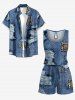 Leopard Fraying Style 3D Print Cinched Hawaii Romper - Bleu Toile de Jean 5X