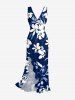 Flowers Leaf Print Hawaii Ruffles Split Surplice Dress -  
