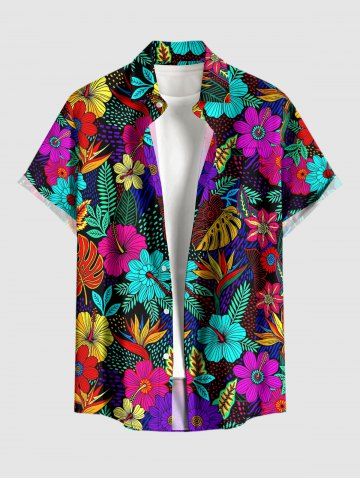 Plus Size Hibiscus Flower Tropical Leaf Print Buttons Pocket Hawaii Shirt For Men - PURPLE - L