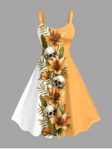 Plus Size Skulls Flowers Leaf Colorblock Print Hawaii Tank Dress - YELLOW - S
