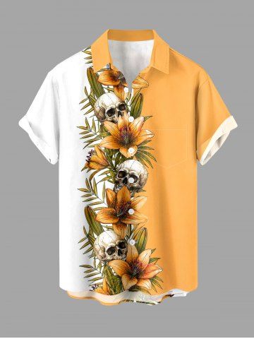 Plus Size Skulls Flowers Leaf Colorblock Print Buttons Pocket Hawaii Shirt For Men - YELLOW - L