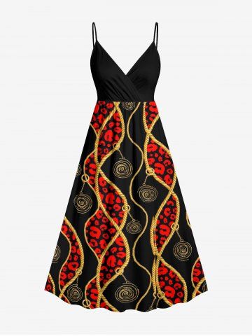 Spiral Leopard Rope Print Hawaii Surplice A Line Dress - RED - 2X