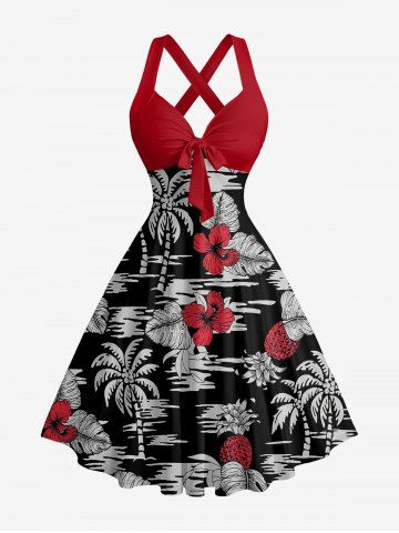 Tropical Leaf Hibiscus Flower Pineapple Coconut Tree Print Hawaii Halter Crisscross A Line Dress - BLACK - XS