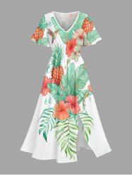 Robe mi-longue trapèze à imprimé tropical feuilles, hibiscus, ananas, avec fente latérale et poches, style Hawaii - Vert Menthe 6X