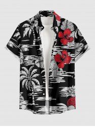 Chemise hawaïenne homme à imprimé feuilles tropicales, hibiscus, ananas et cocotiers, avec boutons et poche - Noir S