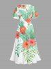 Robe trapèze mi-longue à imprimé tropical (feuilles, hibiscus, ananas) style Hawaï, avec fente latérale et poches fendues - Vert Menthe 1X