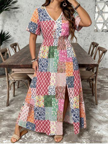 Plus Size Paisley Flower Colorful Geometric Colorblock Print Hawaii Split Pocket A Line Midi Dress - PINK - 3X