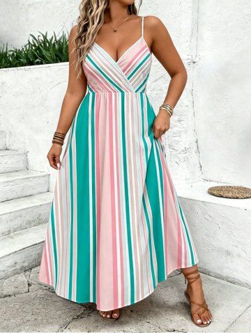 Plus Size Colorful Striped Print Hawaii Surplice A Line Dress - DARK TURQUOISE - XXS