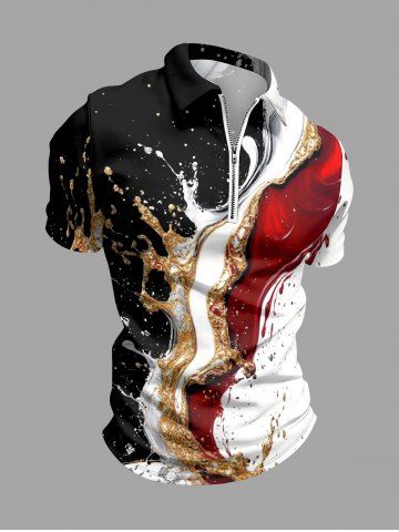 Plus Size Abstract Splash-Ink Print Hawaii Zipper Polo Shirt For Men - WHITE - 6XL