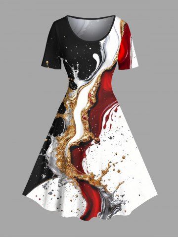 Abstract Splash-Ink Print Hawaii A Line Dress - WHITE - XS