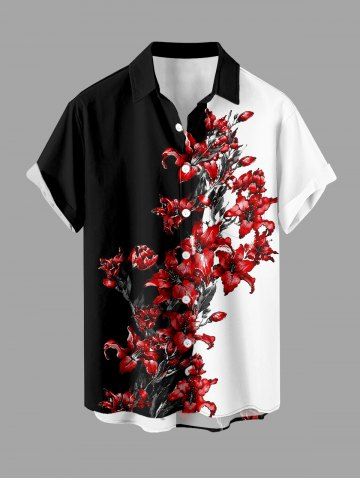 Plus Size Flower Colorblock Print Buttons Pocket Hawaii Shirt For Men - RED - 4XL