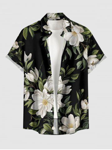 Plus Size Flower Leaf Print Buttons Pocket Hawaii Shirt For Men - BLACK - S