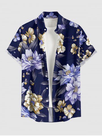 Flower Leaf Print Hawaii Button Pocket Shirt For Men