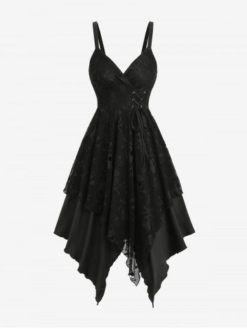 Skulls Fishnet Overlay Lace Up Asymmetric Casual Dress - BLACK - M