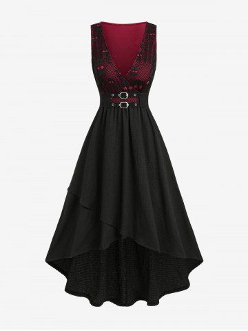 Skulls Fishnet Grommets Buckle Surplice High Low Tank Dress With A Belt - BLACK - S