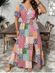 Paisley Flower Colorful Geometric Colorblock Print Hawaii Split Pocket A Line Midi Dress - Rose  4X