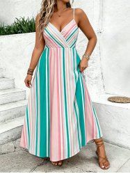 Colorful Striped Print Hawaii Surplice A Line Dress -  