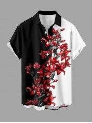 Plus Size Flower Colorblock Print Buttons Pocket Hawaii Shirt For Men -  