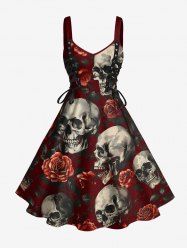 Skulls Rose Flower Print Lace Up Grommets Hawaii Tank Dress -  