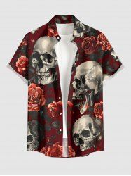 Plus Size Skulls Rose Flower Print Buttons Pocket Hawaii Shirt For Men -  