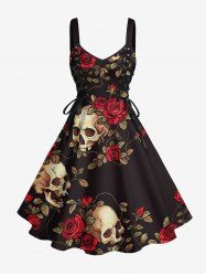 Skulls Flower Leaf Branch Print Hawaii Lace Up A Line Dress -  