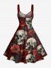 Skulls Rose Flower Print Lace Up Grommets Hawaii Tank Dress -  