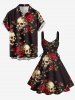 Skulls Flower Leaf Branch Print Hawaii Lace Up A Line Dress -  