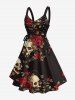 Skulls Flower Leaf Branch Print Hawaii Lace Up A Line Dress -  