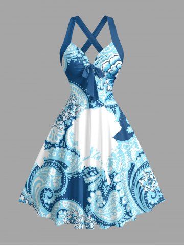 Paisley Flowers Print Crisscross Straps Bowknot Hawaii Tank Dress - SKY BLUE - XS