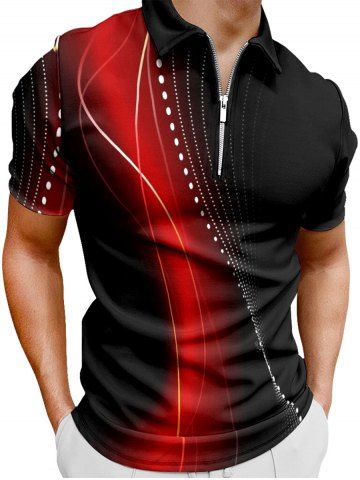 Ombre Colorblock Curve Print Zipper Hawaii Polo Shirt For Men - RED - 2XL