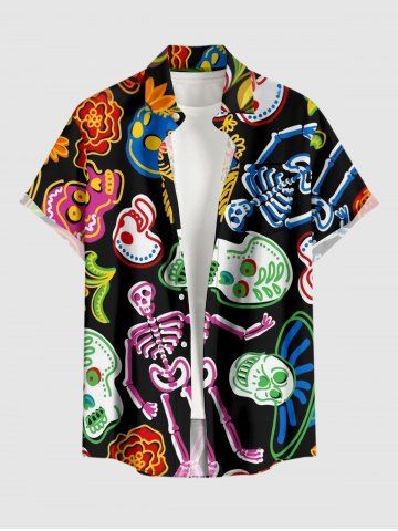 Funny Skulls Skeleton Flower Print Hawaii Button Pocket Shirt For Men - BLACK - 6XL