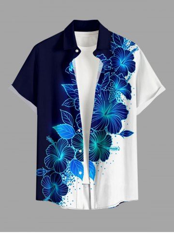 Hibiscus Flower Leaf Print Hawaii Button Pocket Shirt For Men - DEEP BLUE - 5XL